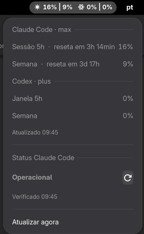Menu da extensão aberto na barra do GNOME, com o uso da sessão e da semana do Claude Code e do Codex e o status do serviço