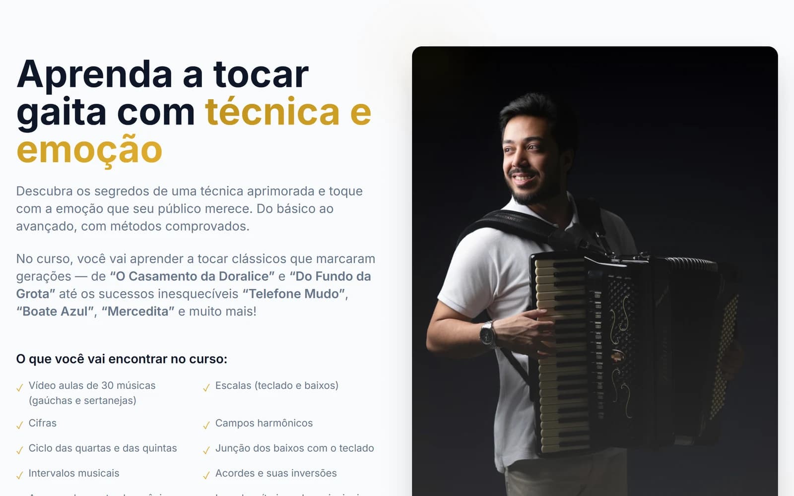 Seção do curso no site de João Paulo Sampaio, com a chamada para aprender a tocar gaita e a lista do que o curso traz